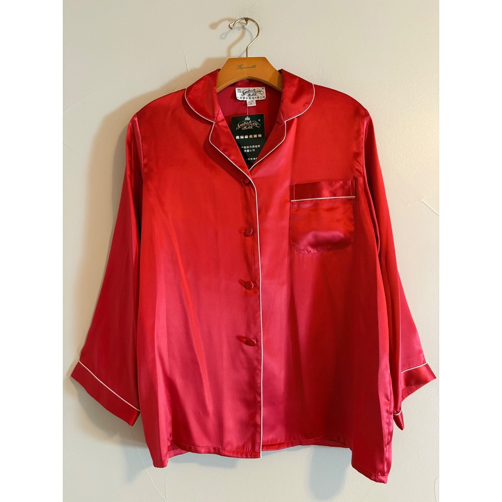 Suvixin Red 100% Mulberry Silk Pajama Top Long Sleeve Contrast Piping Size M NWT